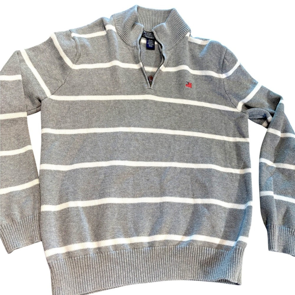 Polo Jeans Co Ralph Lauren Mens M‎ Grey White Striped 1/4 Zip Sweater Y2K Cotton